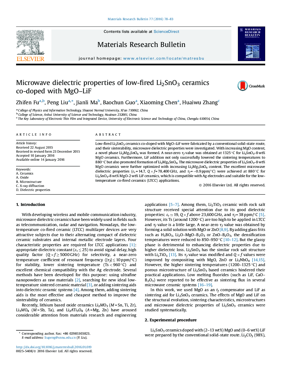 Microwave dielectric properties of low-fired Li2SnO3 ceramics co-doped with MgO–LiF