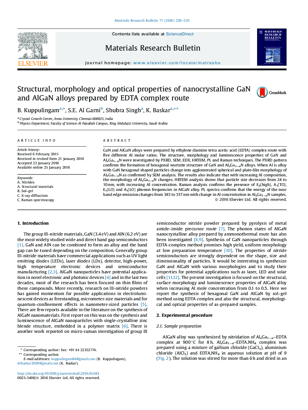 Structural, morphology and optical properties of nanocrystalline GaN and AlGaN alloys prepared by EDTA complex route