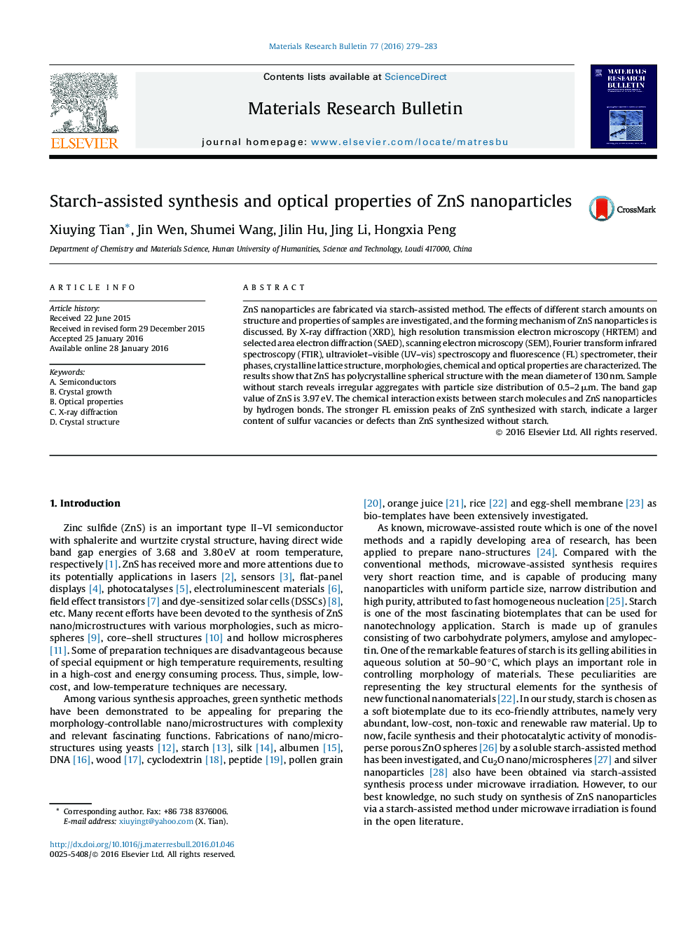 Starch-assisted synthesis and optical properties of ZnS nanoparticles