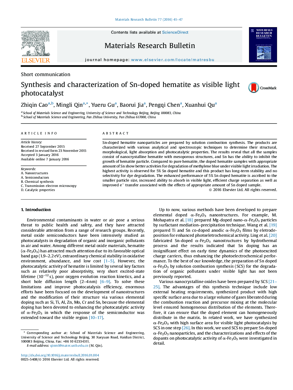 Synthesis and characterization of Sn-doped hematite as visible light photocatalyst