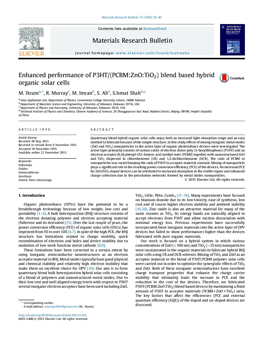 Enhanced performance of P3HT/(PCBM:ZnO:TiO2) blend based hybrid organic solar cells