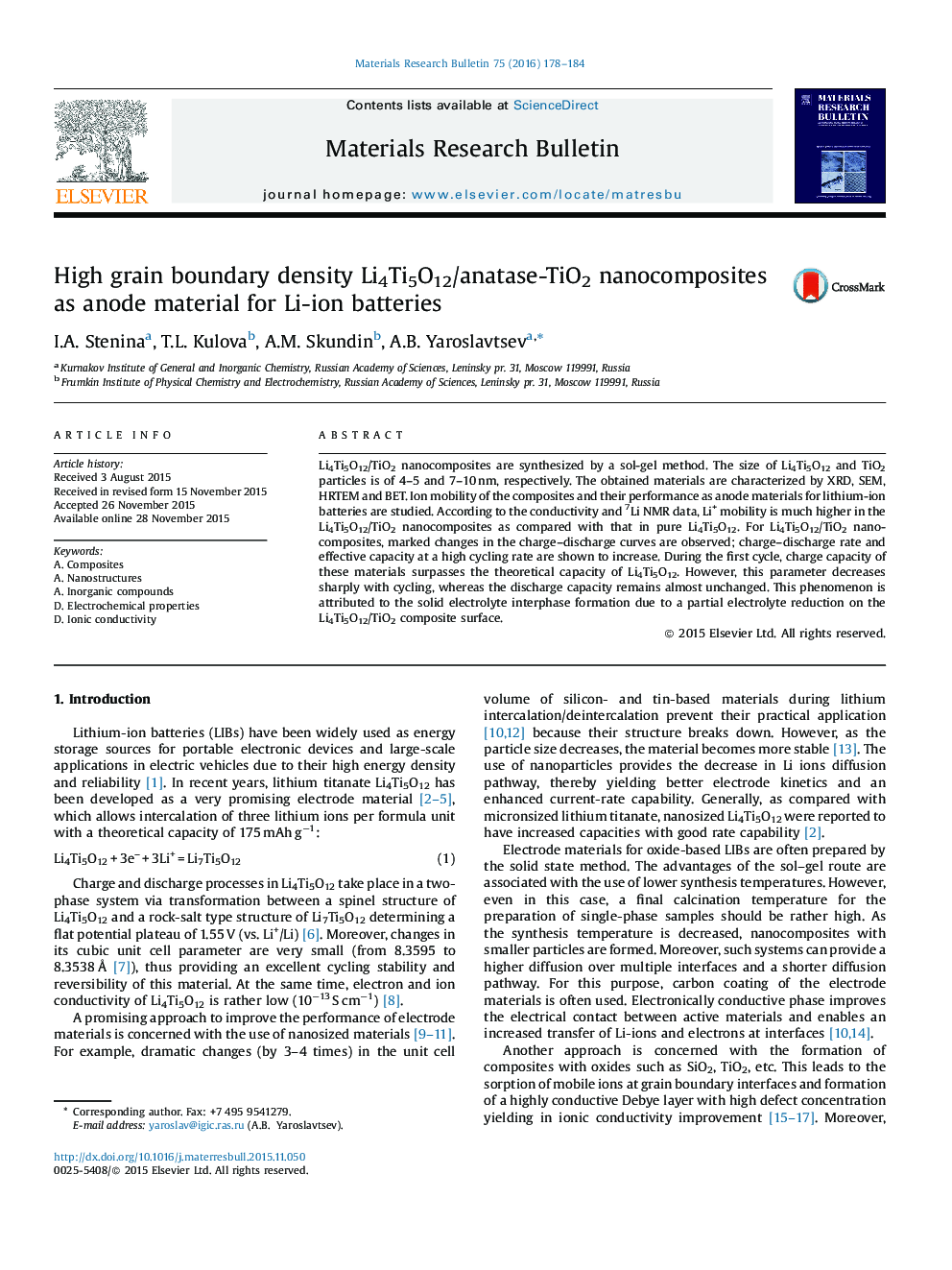 High grain boundary density Li4Ti5O12/anatase-TiO2 nanocomposites as anode material for Li-ion batteries