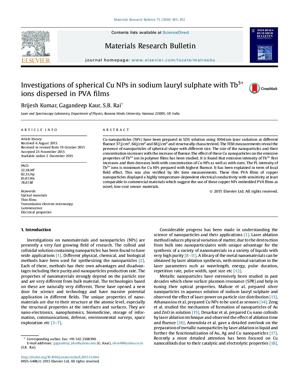 Investigations of spherical Cu NPs in sodium lauryl sulphate with Tb3+ ions dispersed in PVA films