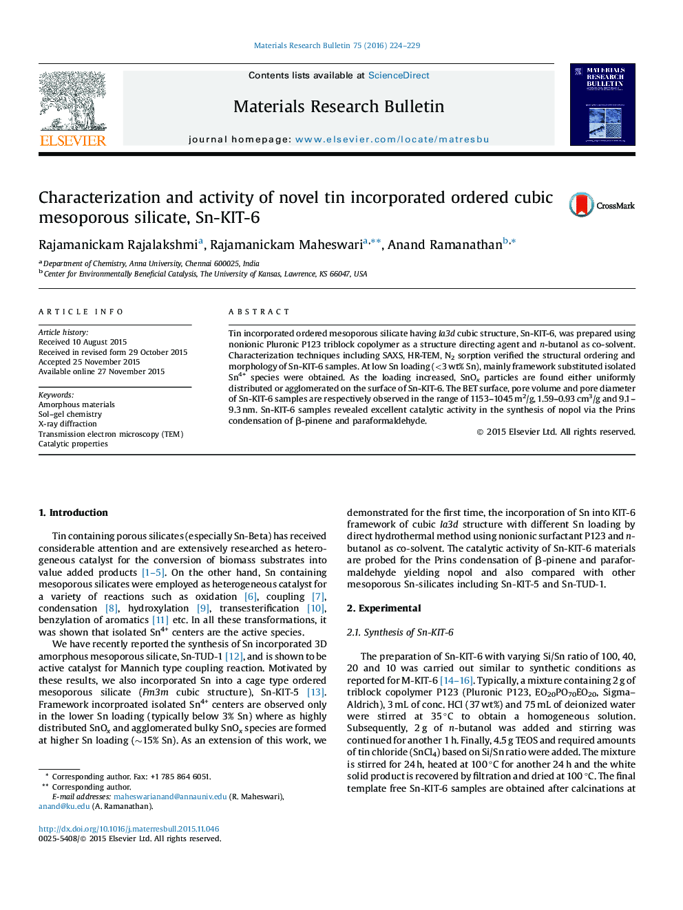 Characterization and activity of novel tin incorporated ordered cubic mesoporous silicate, Sn-KIT-6