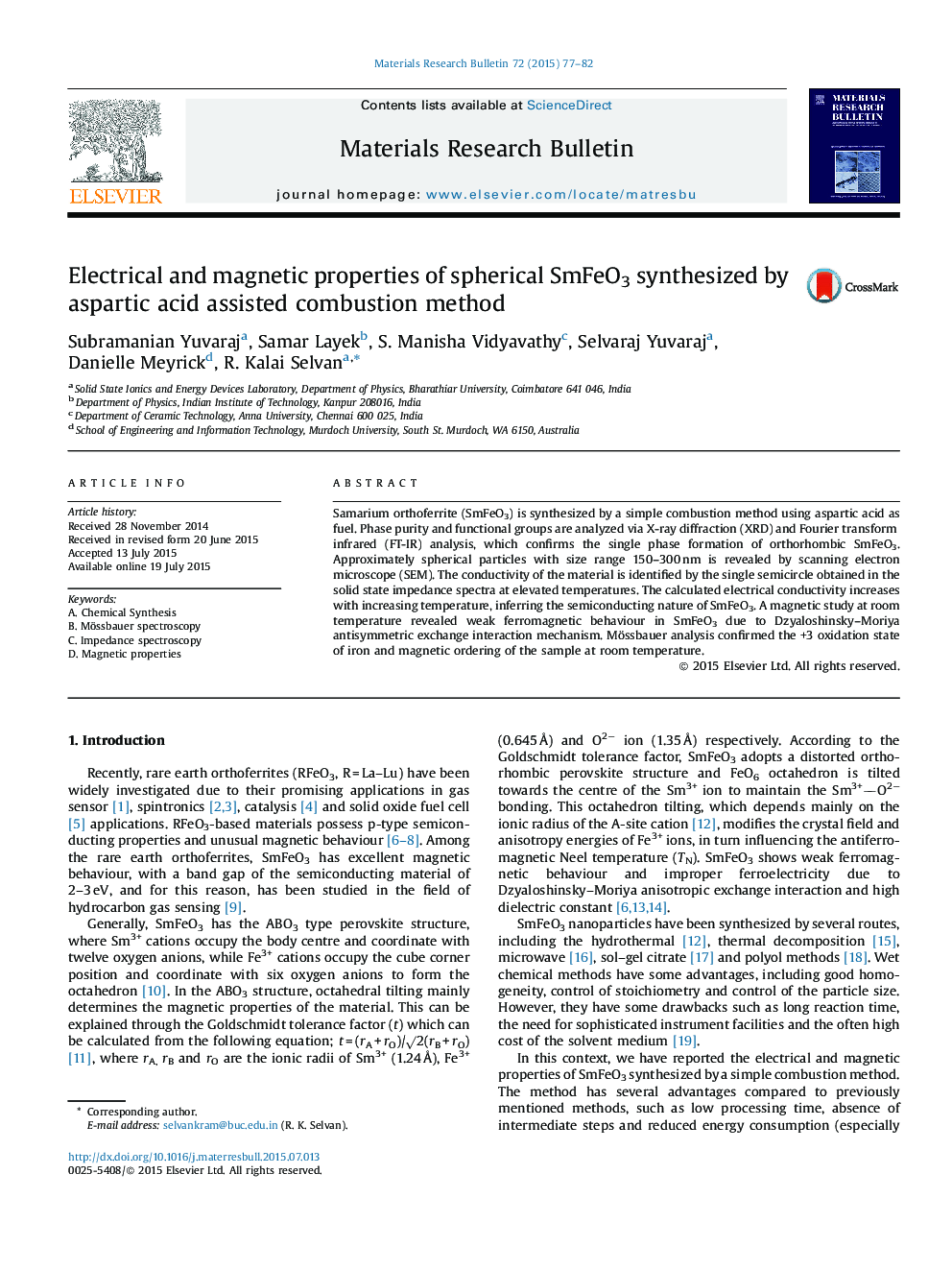 Electrical and magnetic properties of spherical SmFeO3 synthesized by aspartic acid assisted combustion method