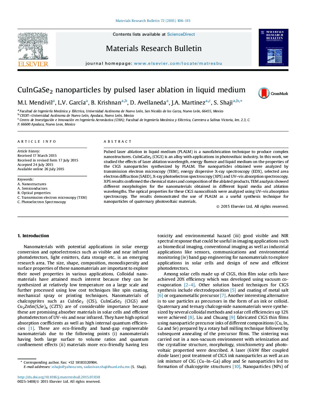 CuInGaSe2 nanoparticles by pulsed laser ablation in liquid medium