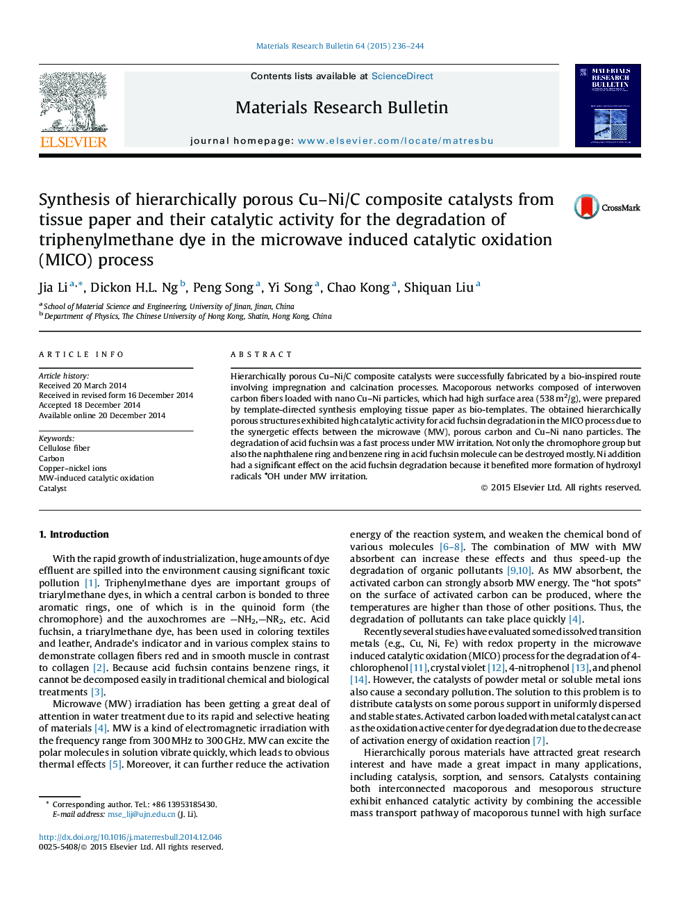 Synthesis of hierarchically porous Cu–Ni/C composite catalysts from tissue paper and their catalytic activity for the degradation of triphenylmethane dye in the microwave induced catalytic oxidation (MICO) process