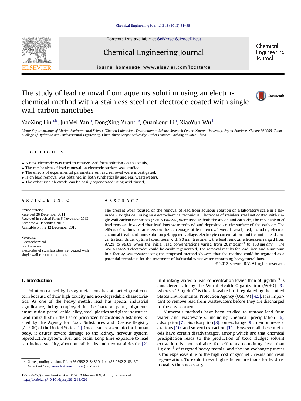 The study of lead removal from aqueous solution using an electrochemical method with a stainless steel net electrode coated with single wall carbon nanotubes