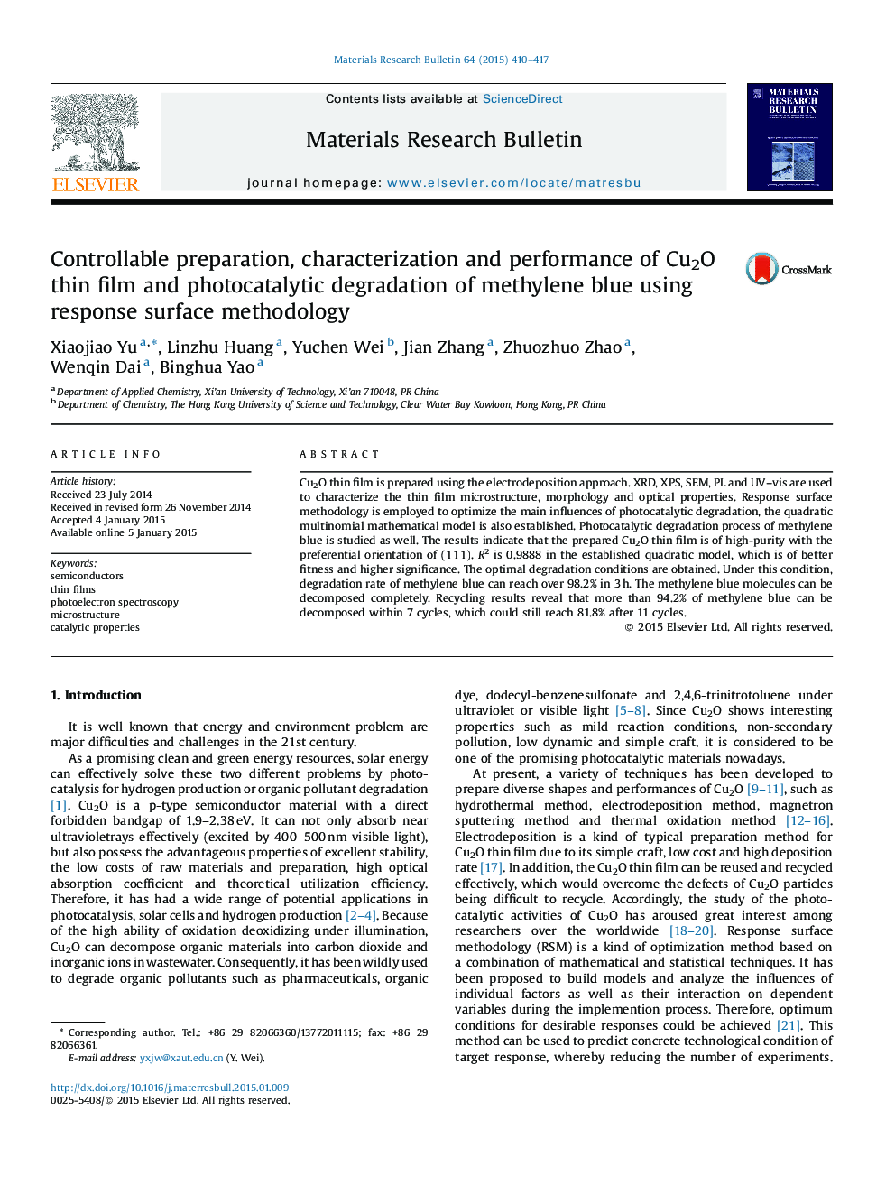 Controllable preparation, characterization and performance of Cu2O thin film and photocatalytic degradation of methylene blue using response surface methodology