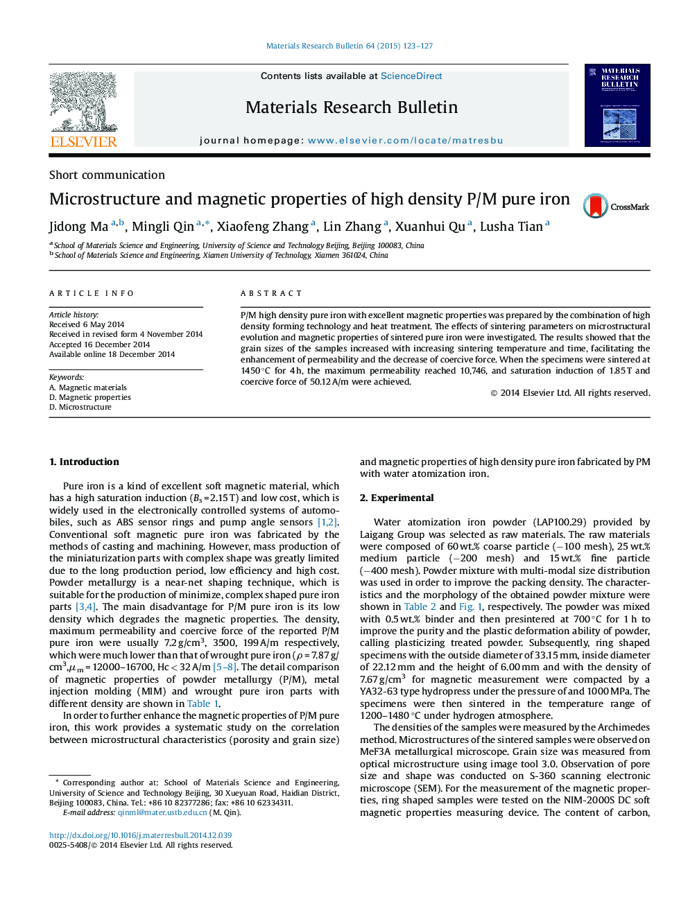 Microstructure and magnetic properties of high density P/M pure iron