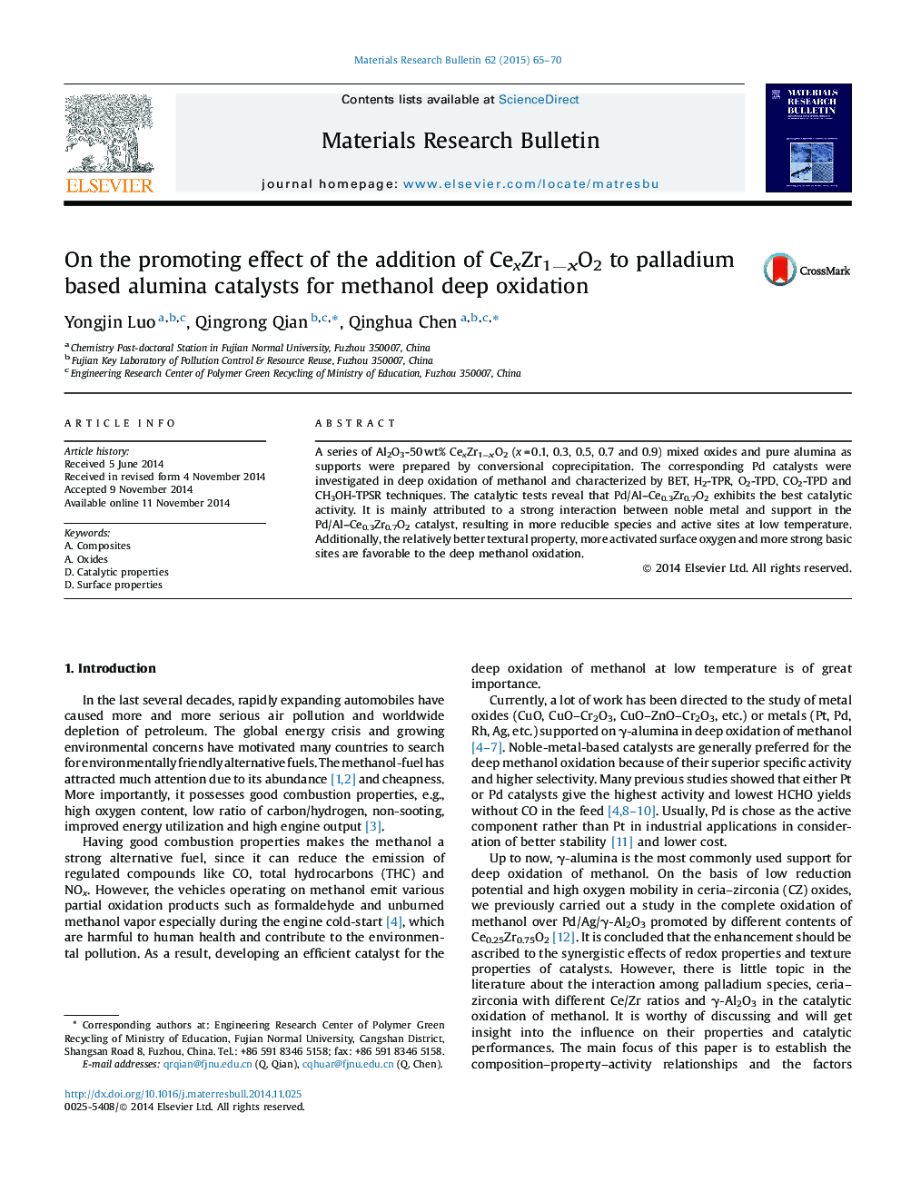 On the promoting effect of the addition of CexZr1−xO2 to palladium based alumina catalysts for methanol deep oxidation