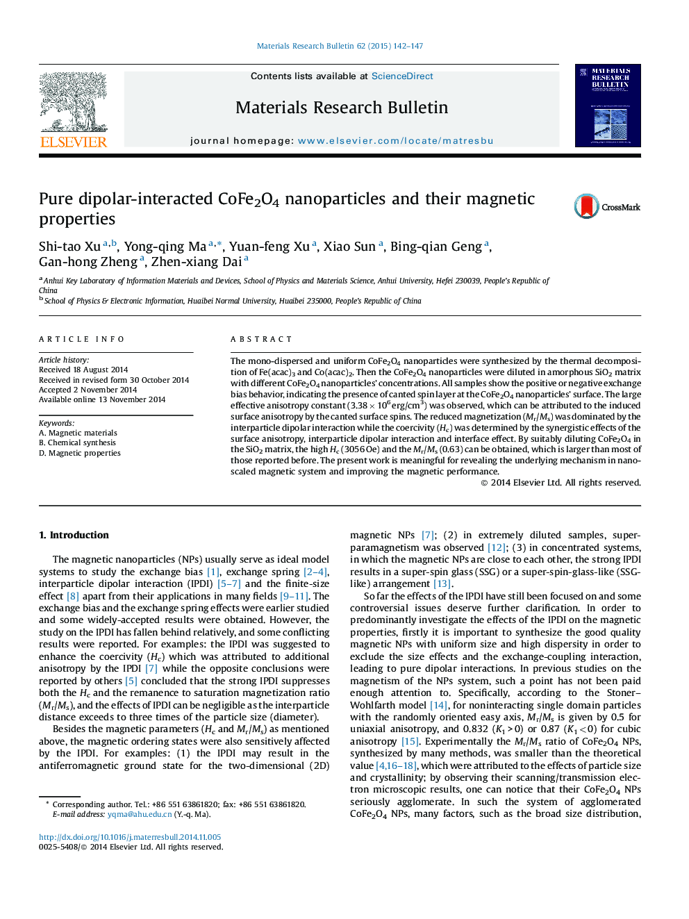 Pure dipolar-interacted CoFe2O4 nanoparticles and their magnetic properties
