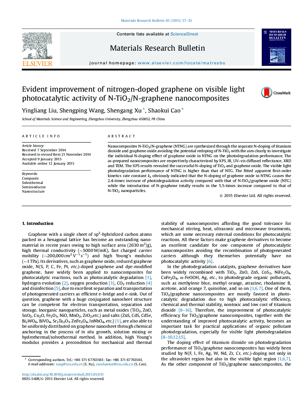 Evident improvement of nitrogen-doped graphene on visible light photocatalytic activity of N-TiO2/N-graphene nanocomposites