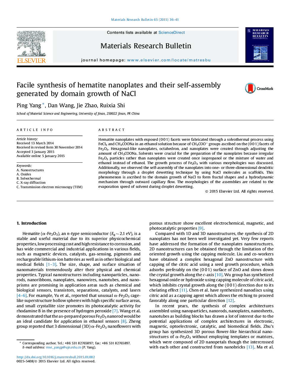 Facile synthesis of hematite nanoplates and their self-assembly generated by domain growth of NaCl