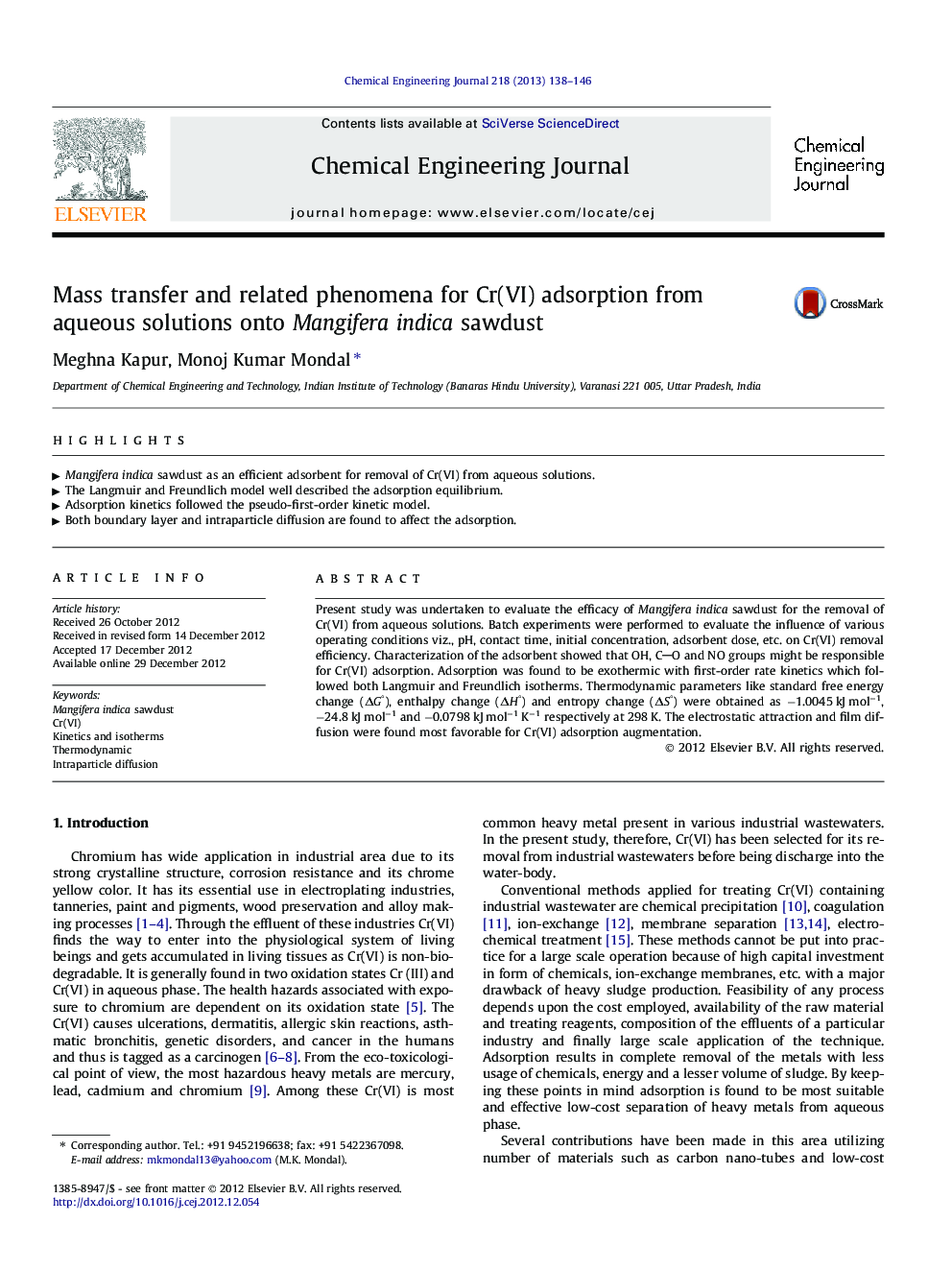 Mass transfer and related phenomena for Cr(VI) adsorption from aqueous solutions onto Mangifera indica sawdust