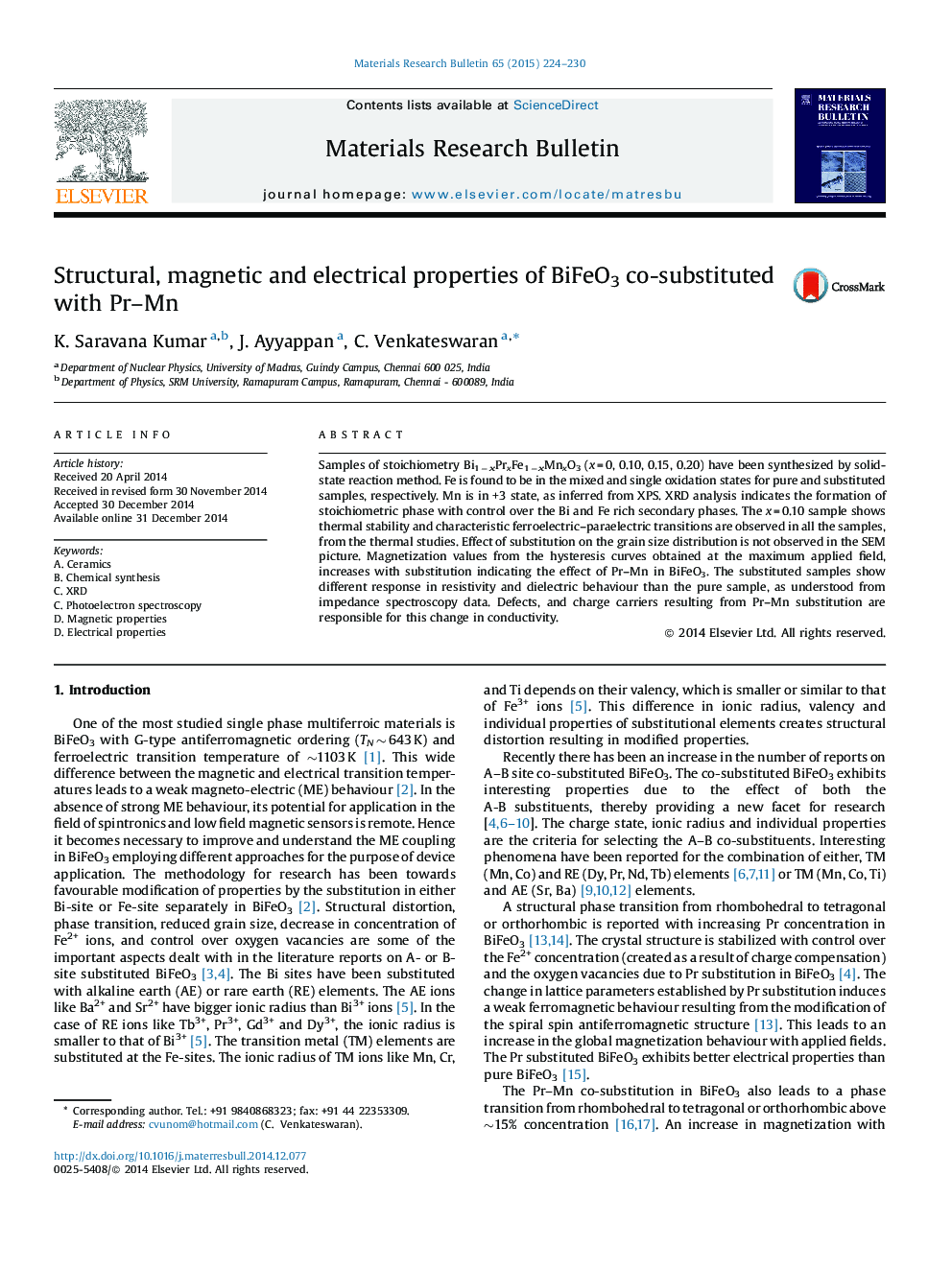 Structural, magnetic and electrical properties of BiFeO3 co-substituted with Pr–Mn