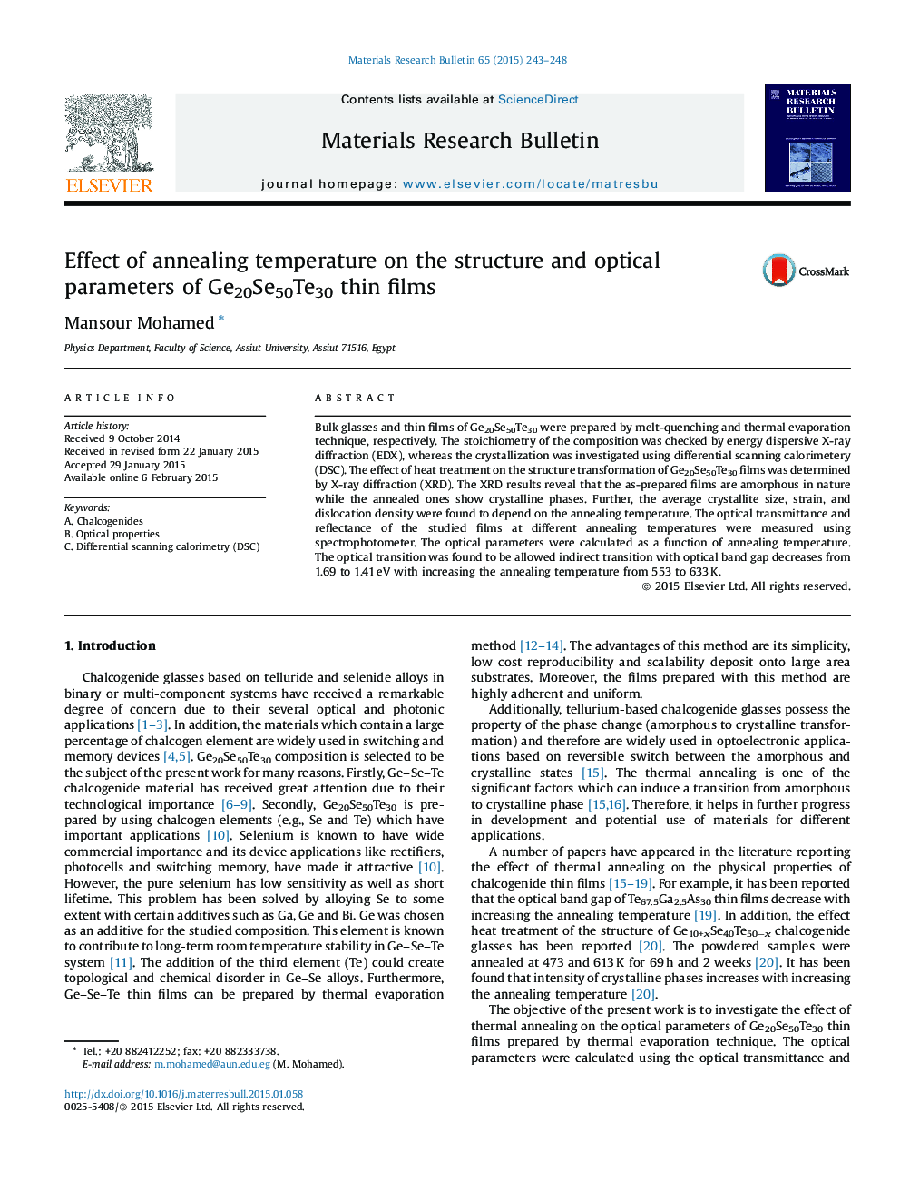 Effect of annealing temperature on the structure and optical parameters of Ge20Se50Te30 thin films