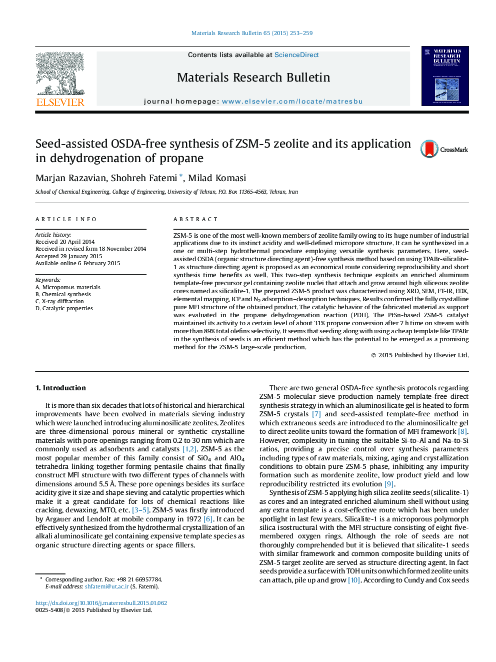 Seed-assisted OSDA-free synthesis of ZSM-5 zeolite and its application in dehydrogenation of propane