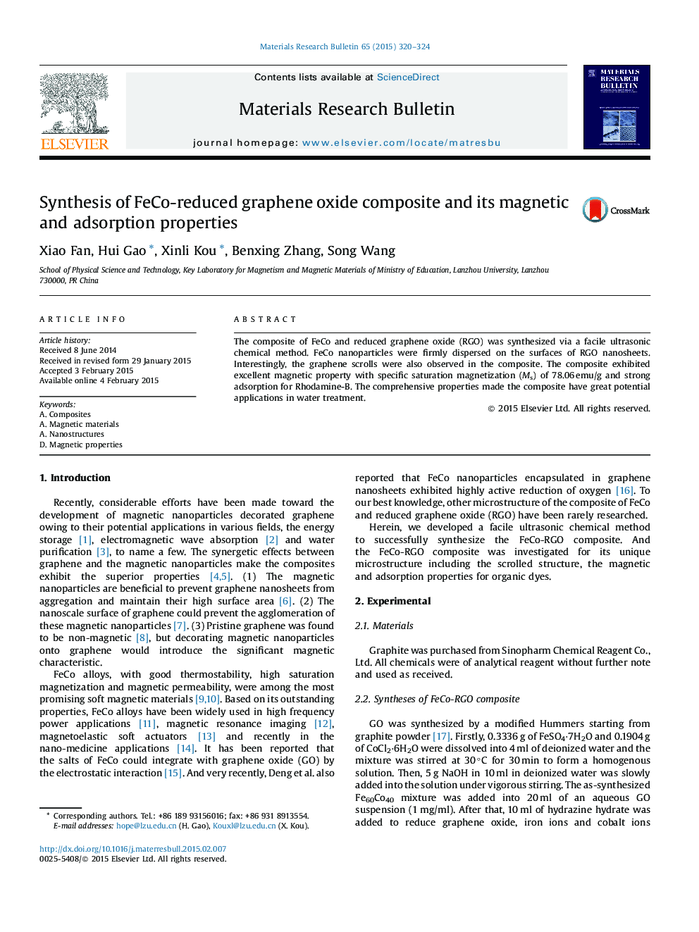 Synthesis of FeCo-reduced graphene oxide composite and its magnetic and adsorption properties