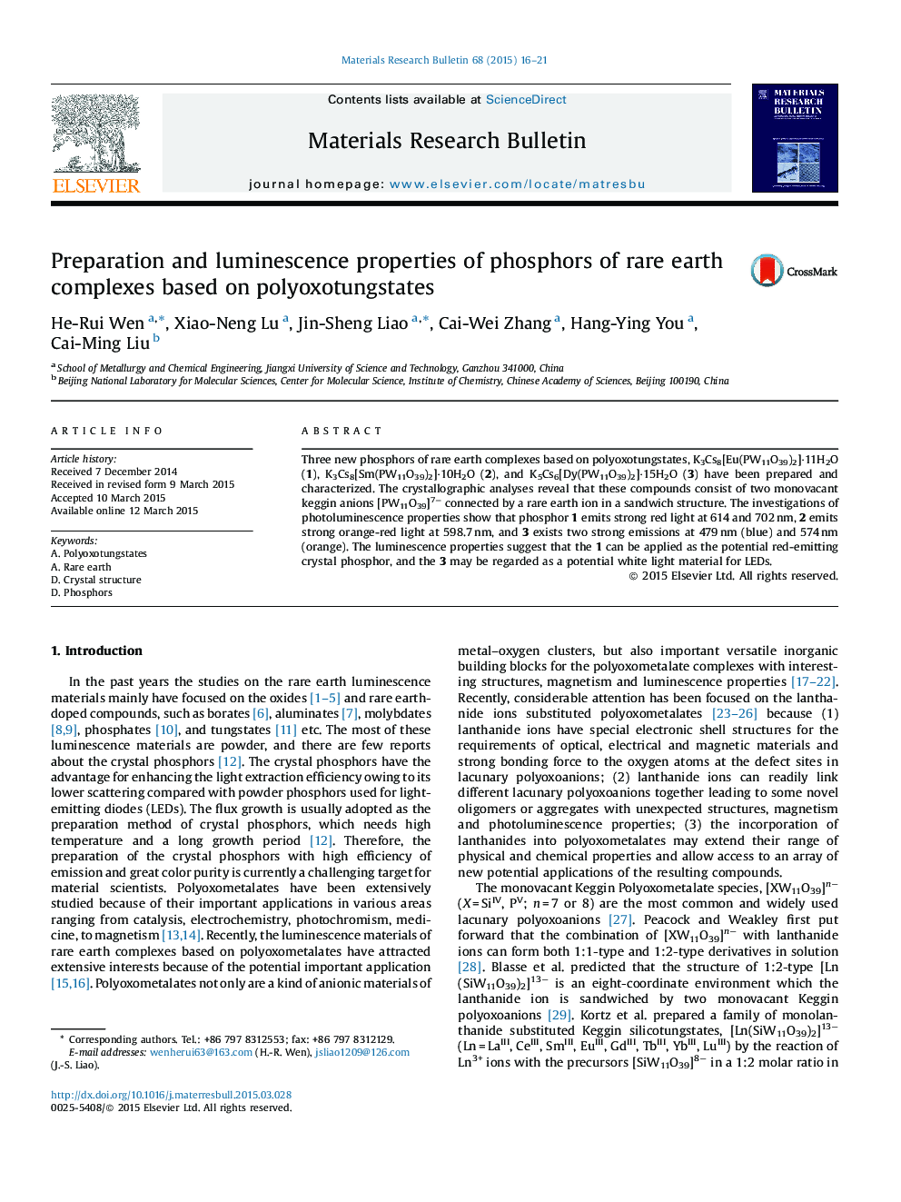 Preparation and luminescence properties of phosphors of rare earth complexes based on polyoxotungstates