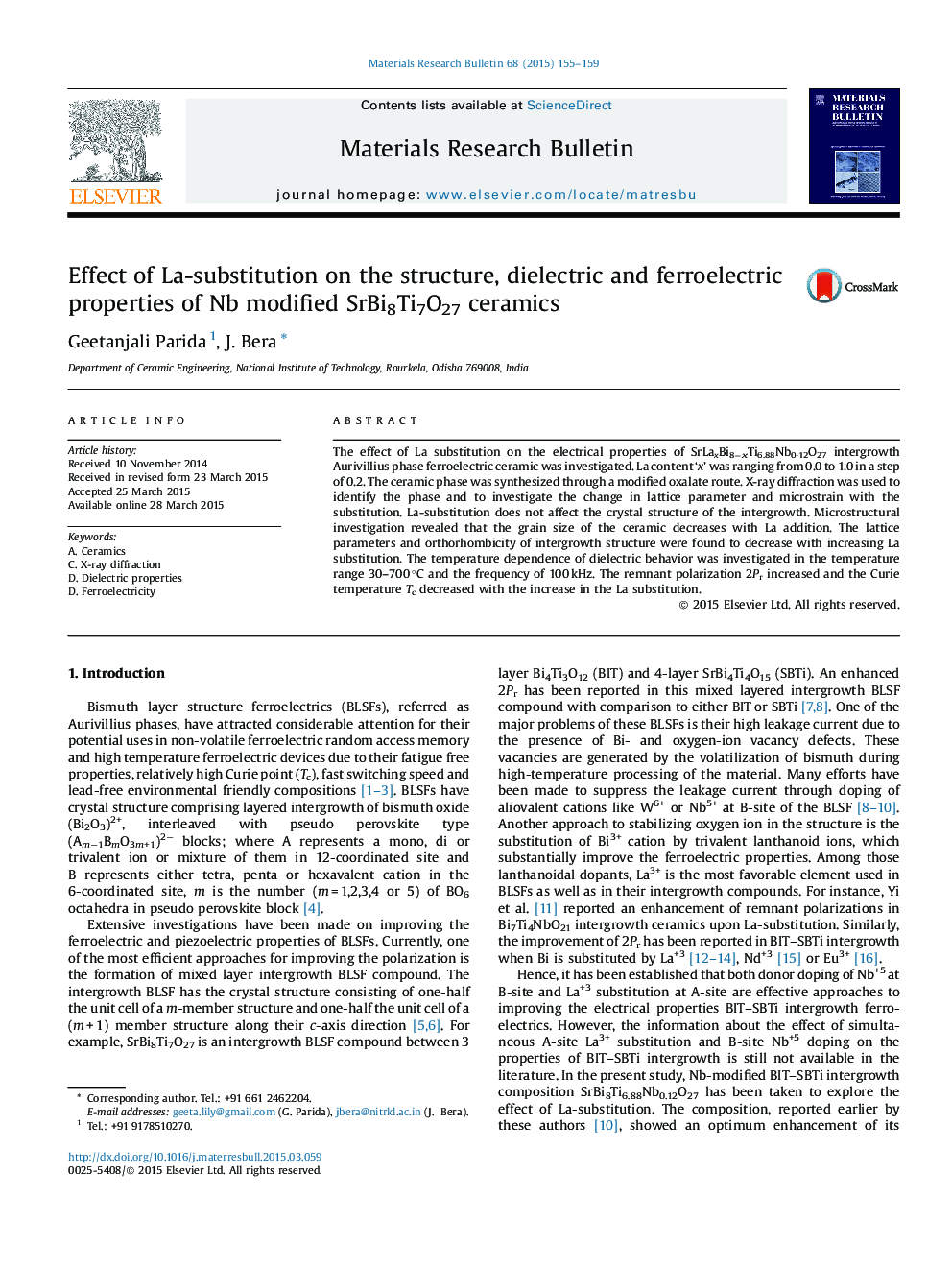 Effect of La-substitution on the structure, dielectric and ferroelectric properties of Nb modified SrBi8Ti7O27 ceramics