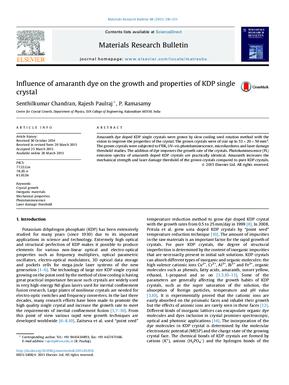 Influence of amaranth dye on the growth and properties of KDP single crystal