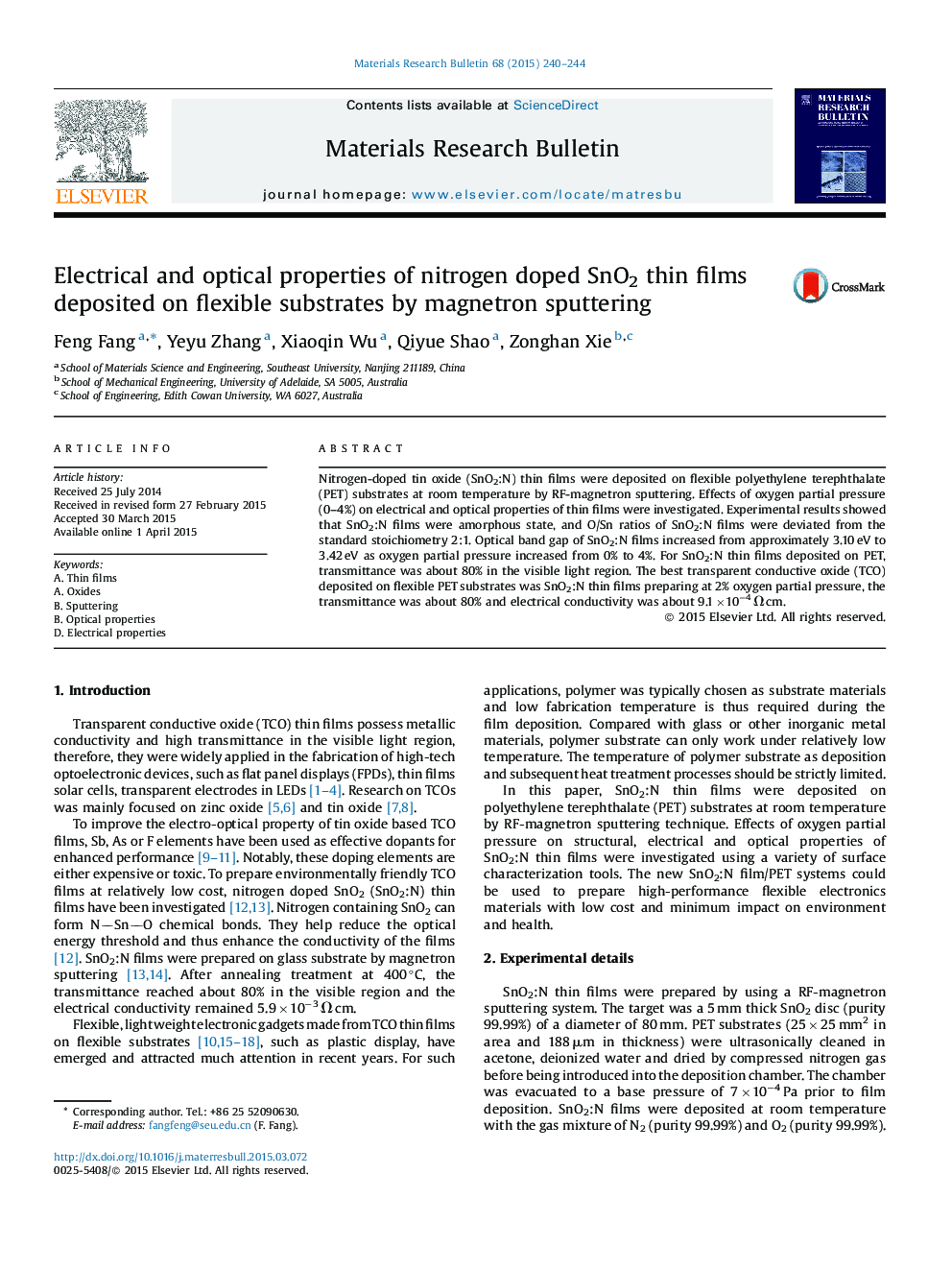 Electrical and optical properties of nitrogen doped SnO2 thin films deposited on flexible substrates by magnetron sputtering