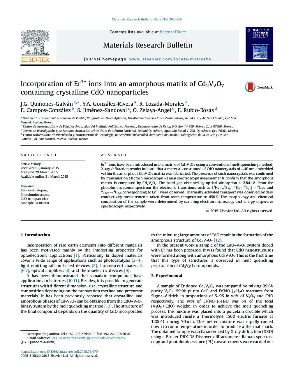 Incorporation of Er3+ ions into an amorphous matrix of Cd2V2O7 containing crystalline CdO nanoparticles