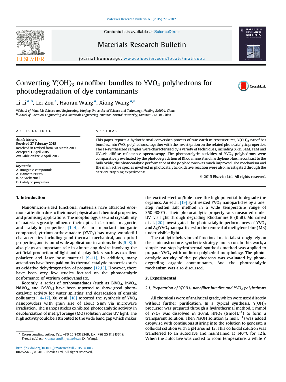 Converting Y(OH)3 nanofiber bundles to YVO4 polyhedrons for photodegradation of dye contaminants