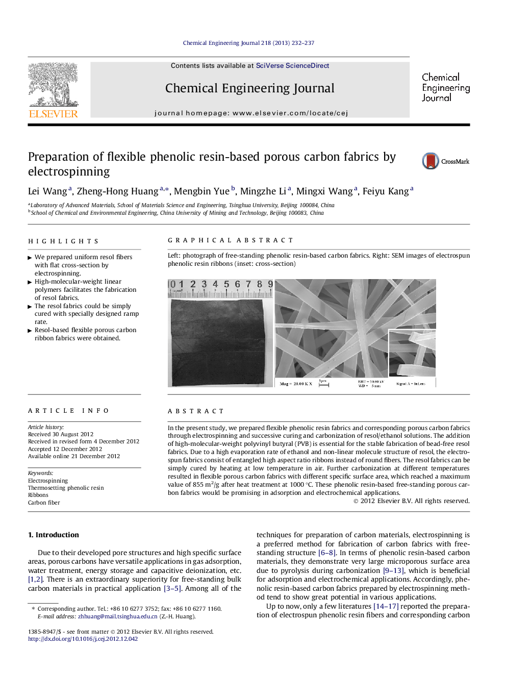 عکس صفحه اول مقاله: Preparation of flexible phenolic resin-based porous carbon fabrics by electrospinning Preparation of flexible phenolic resin-based porous carbon fabrics by electrospinning