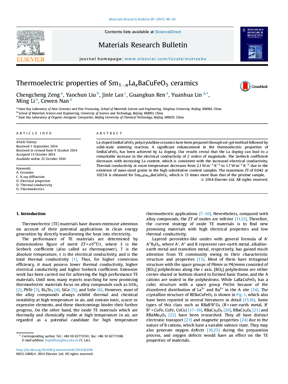 Thermoelectric properties of Sm1−xLaxBaCuFeO5 ceramics