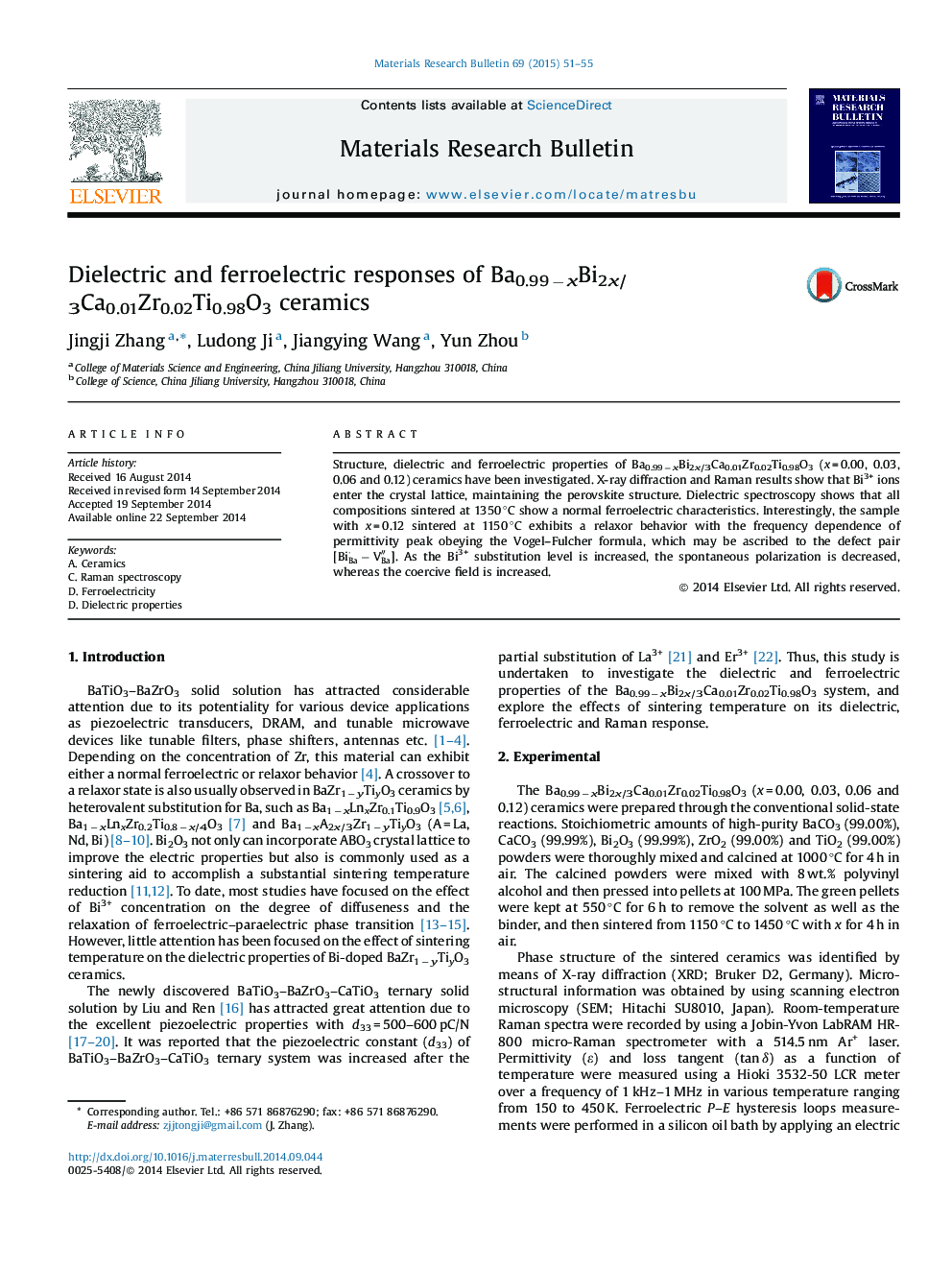 Dielectric and ferroelectric responses of Ba0.99 − xBi2x/3Ca0.01Zr0.02Ti0.98O3 ceramics