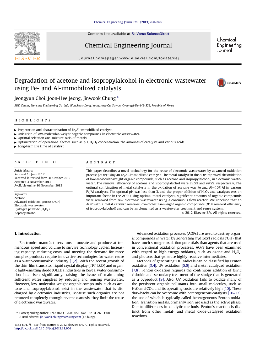 Degradation of acetone and isopropylalcohol in electronic wastewater using Fe- and Al-immobilized catalysts