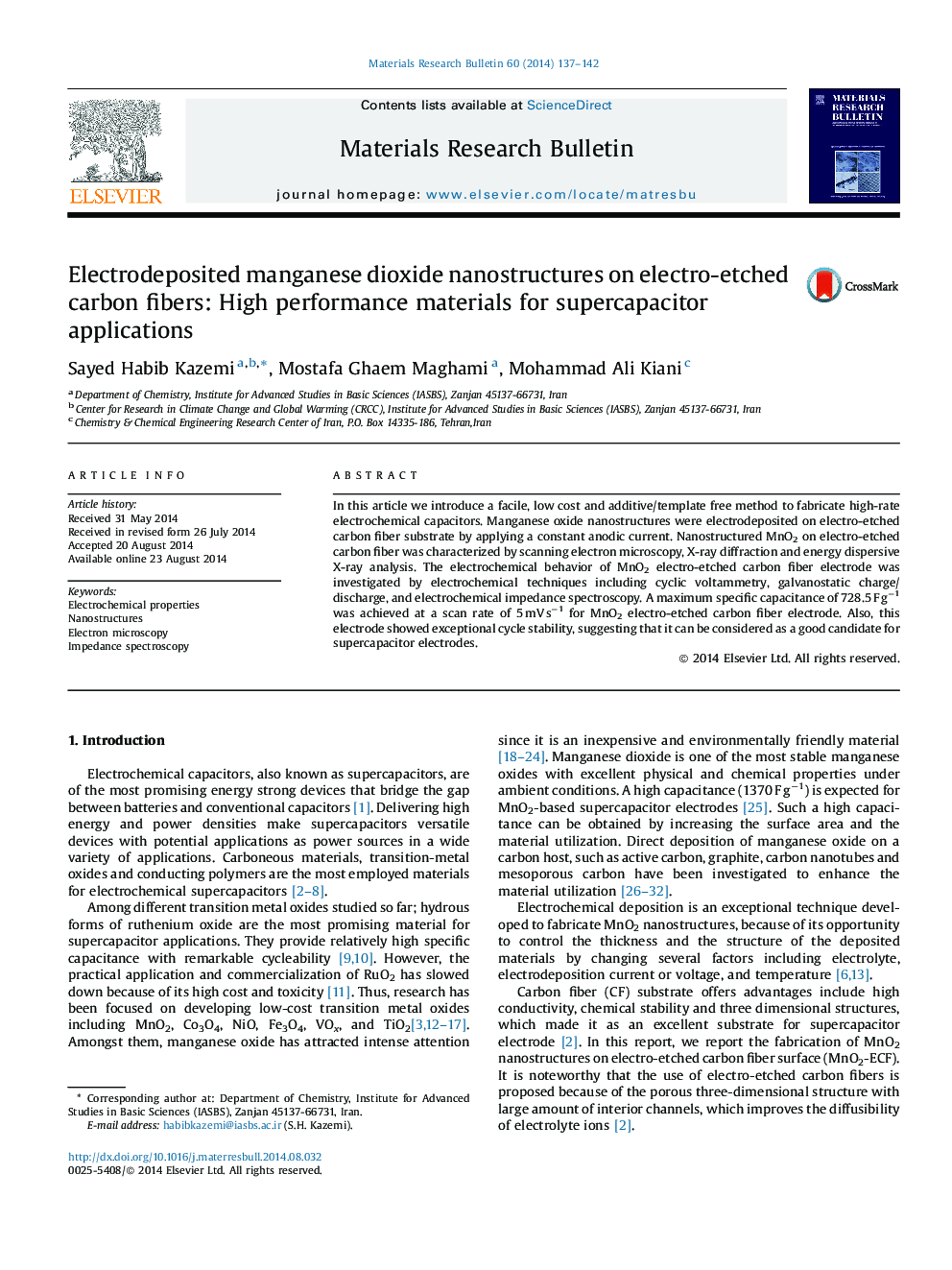 Electrodeposited manganese dioxide nanostructures on electro-etched carbon fibers: High performance materials for supercapacitor applications