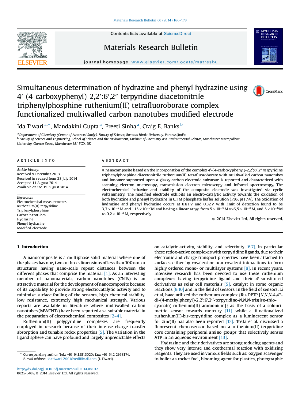 Simultaneous determination of hydrazine and phenyl hydrazine using 4′-(4-carboxyphenyl)-2,2′:6′,2″ terpyridine diacetonitrile triphenylphosphine ruthenium(II) tetrafluoroborate complex functionalized multiwalled carbon nanotubes modified electrode