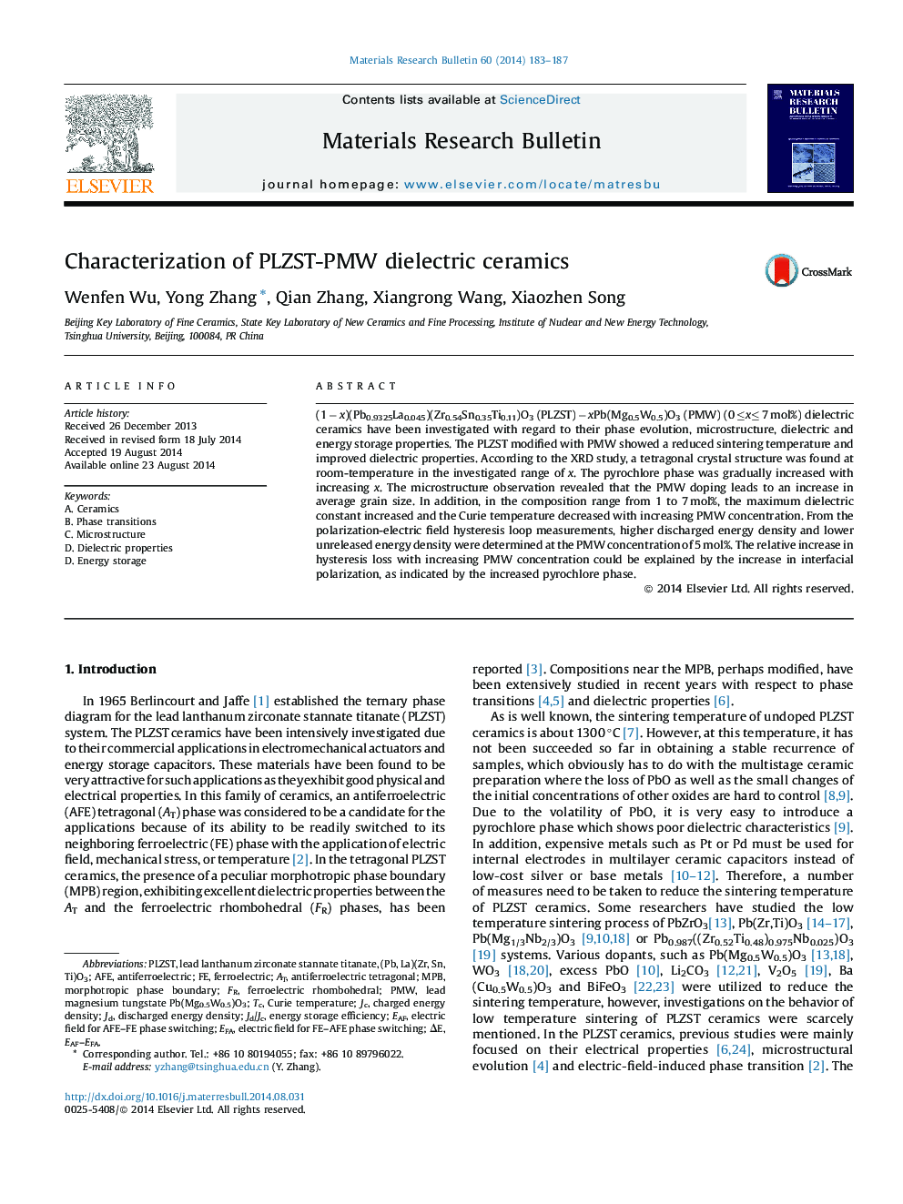 Characterization of PLZST-PMW dielectric ceramics
