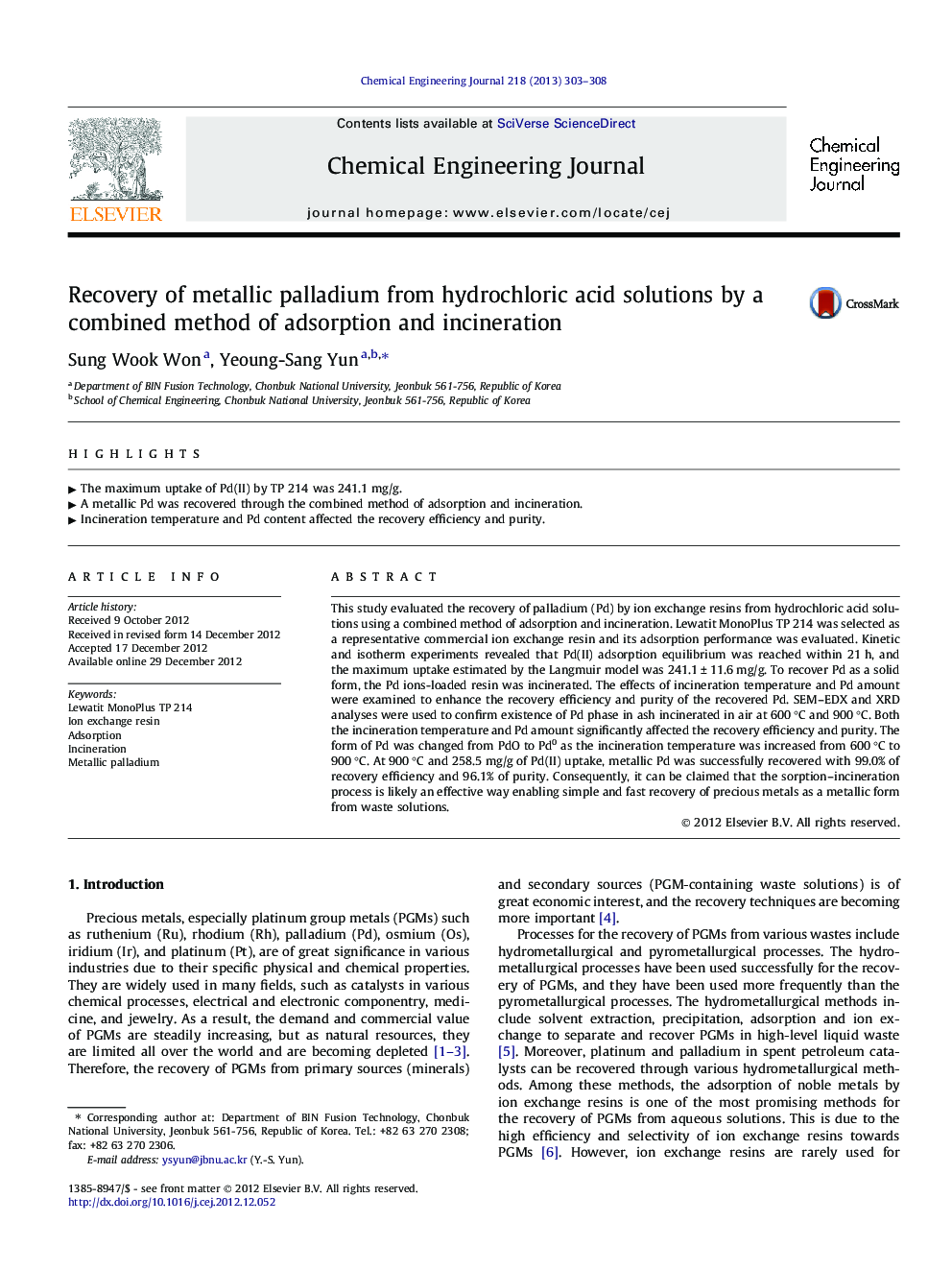 Recovery of metallic palladium from hydrochloric acid solutions by a combined method of adsorption and incineration