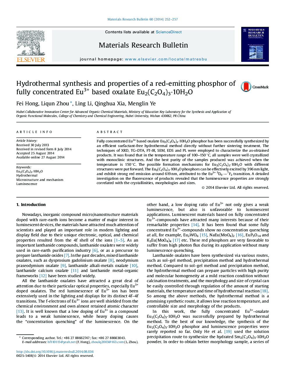 Hydrothermal synthesis and properties of a red-emitting phosphor of fully concentrated Eu3+ based oxalate Eu2(C2O4)3·10H2O