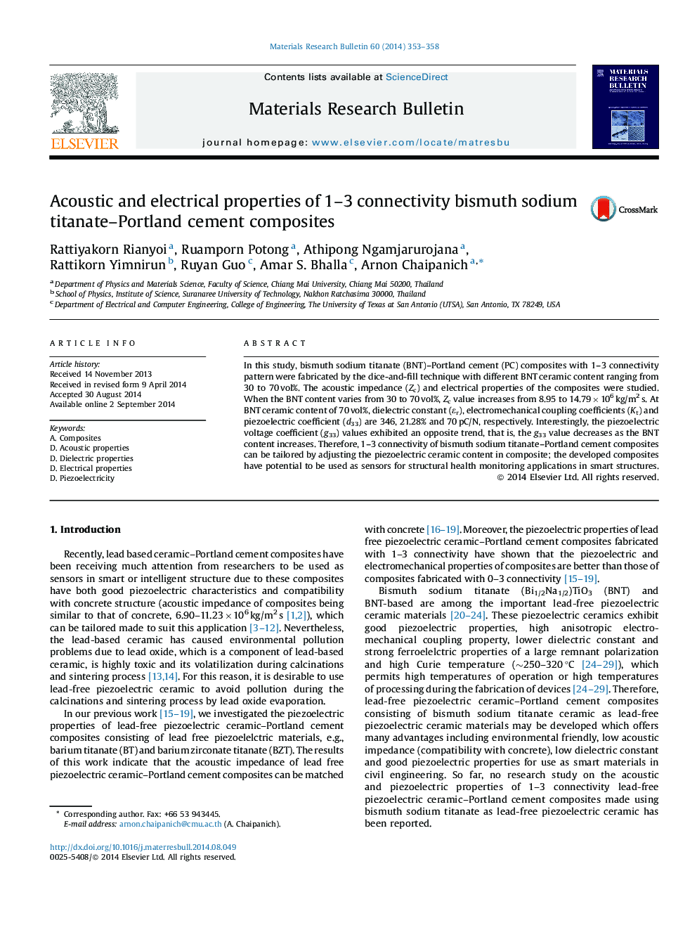 Acoustic and electrical properties of 1–3 connectivity bismuth sodium titanate–Portland cement composites