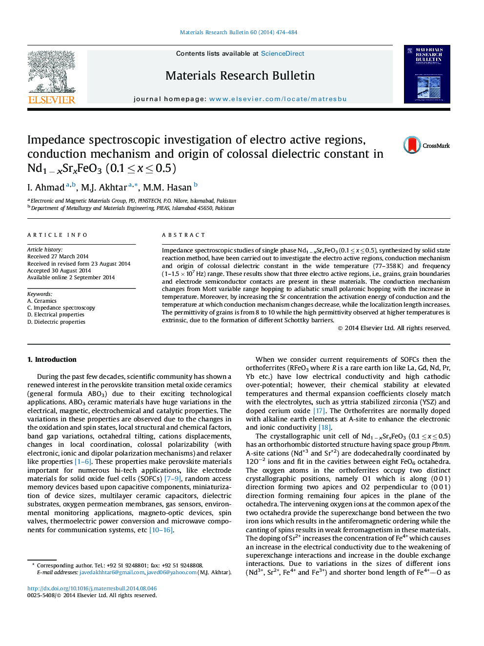 Impedance spectroscopic investigation of electro active regions, conduction mechanism and origin of colossal dielectric constant in Nd1 − xSrxFeO3 (0.1 ≤ x ≤ 0.5)