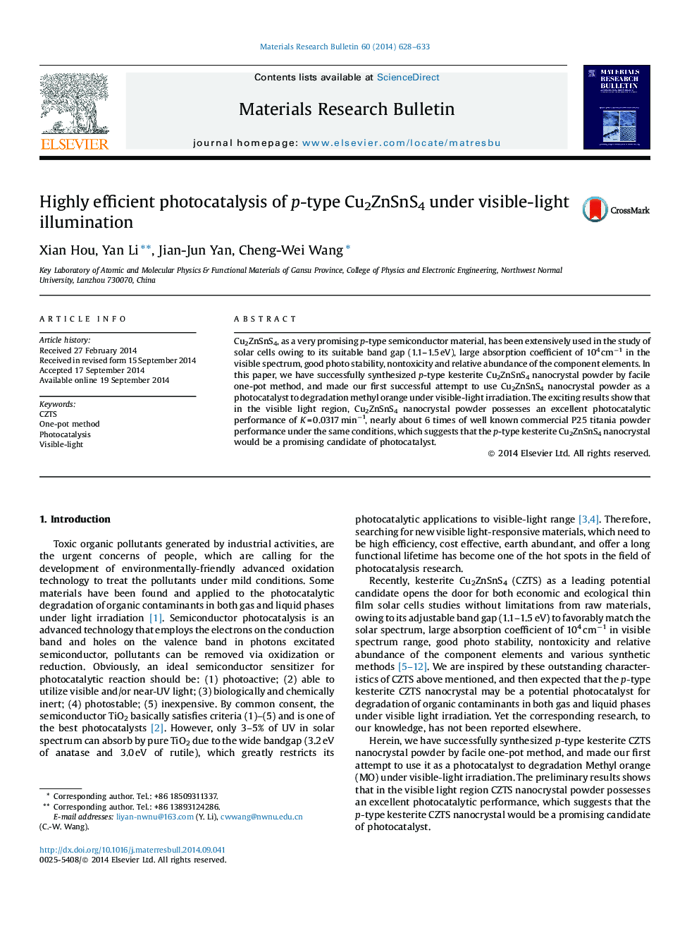 Highly efficient photocatalysis of p-type Cu2ZnSnS4 under visible-light illumination