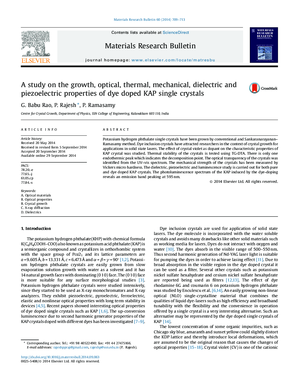 A study on the growth, optical, thermal, mechanical, dielectric and piezoelectric properties of dye doped KAP single crystals