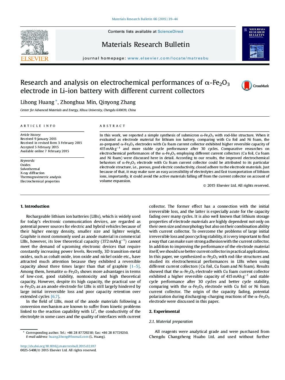 Research and analysis on electrochemical performances of α-Fe2O3 electrode in Li-ion battery with different current collectors