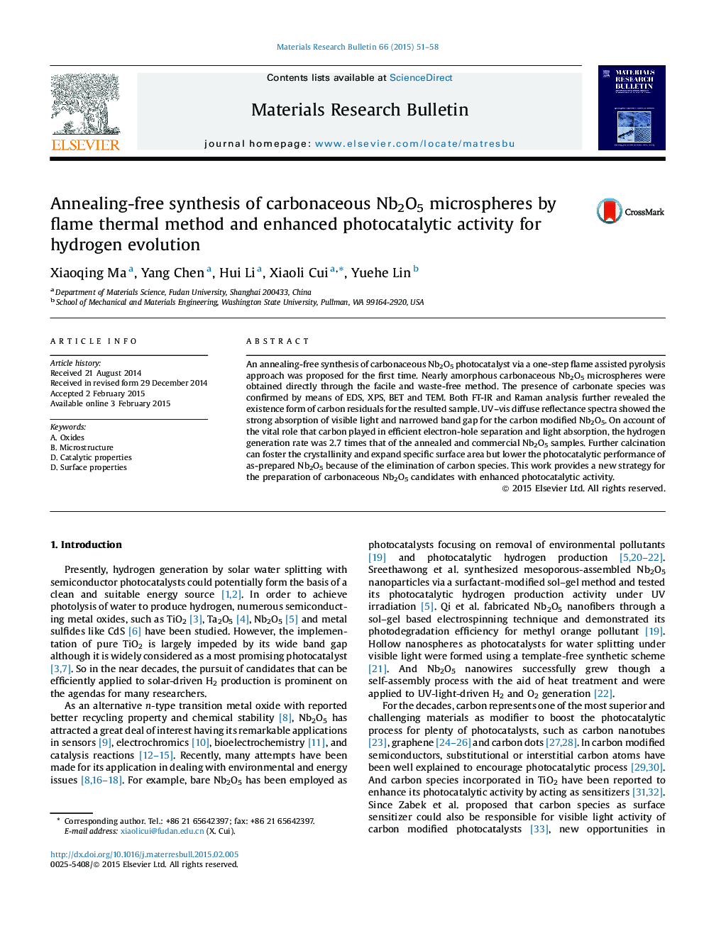 Annealing-free synthesis of carbonaceous Nb2O5 microspheres by flame thermal method and enhanced photocatalytic activity for hydrogen evolution