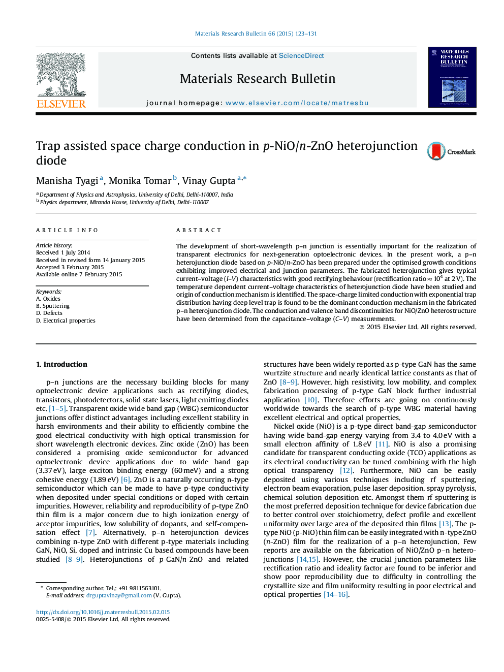 Trap assisted space charge conduction in p-NiO/n-ZnO heterojunction diode