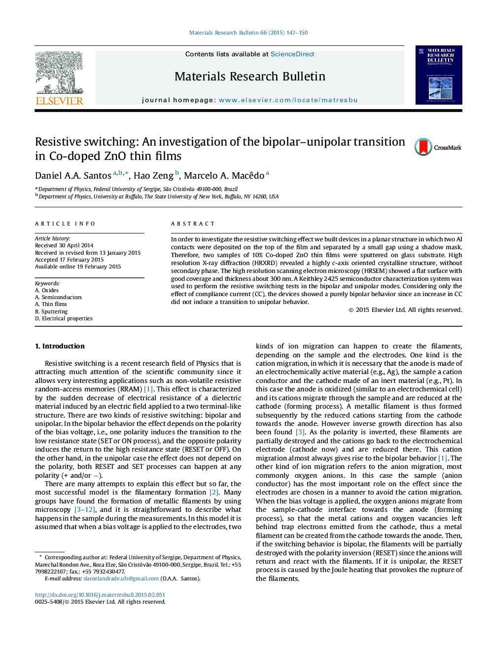 Resistive switching: An investigation of the bipolar–unipolar transition in Co-doped ZnO thin films