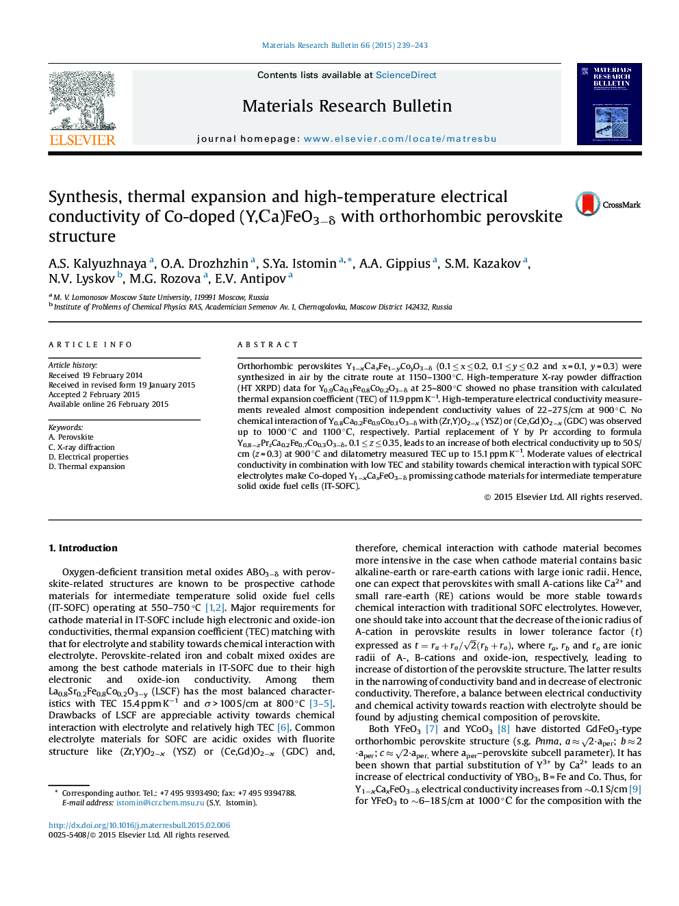 Synthesis, thermal expansion and high-temperature electrical conductivity of Co-doped (Y,Са)FeO3−δ with orthorhombic perovskite structure