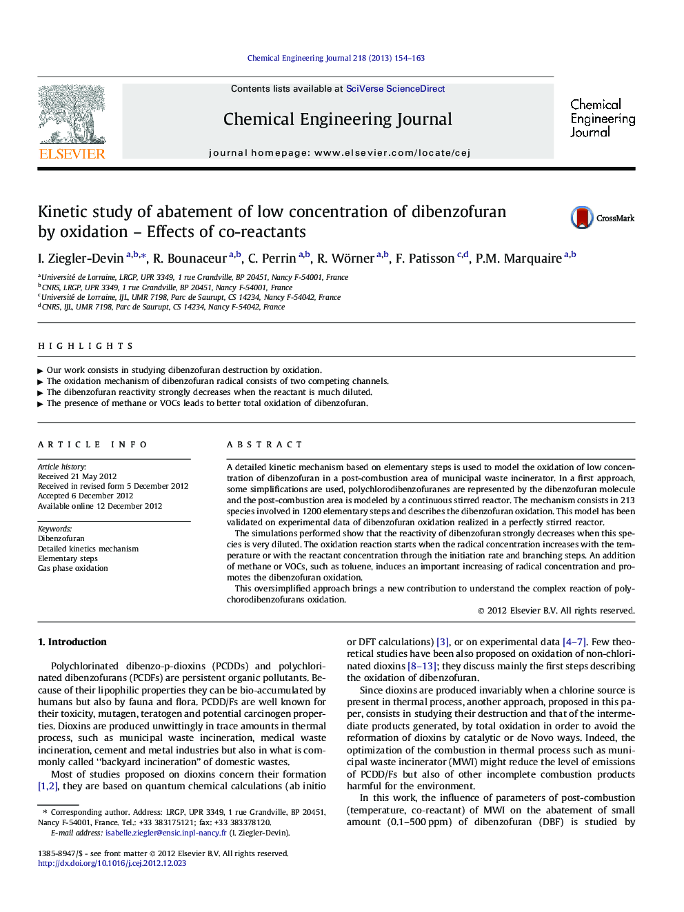 عکس صفحه اول مقاله: Kinetic study of abatement of low concentration of dibenzofuran by oxidation – Effects of co-reactants Kinetic study of abatement of low concentration of dibenzofuran by oxidation – Effects of co-reactants
