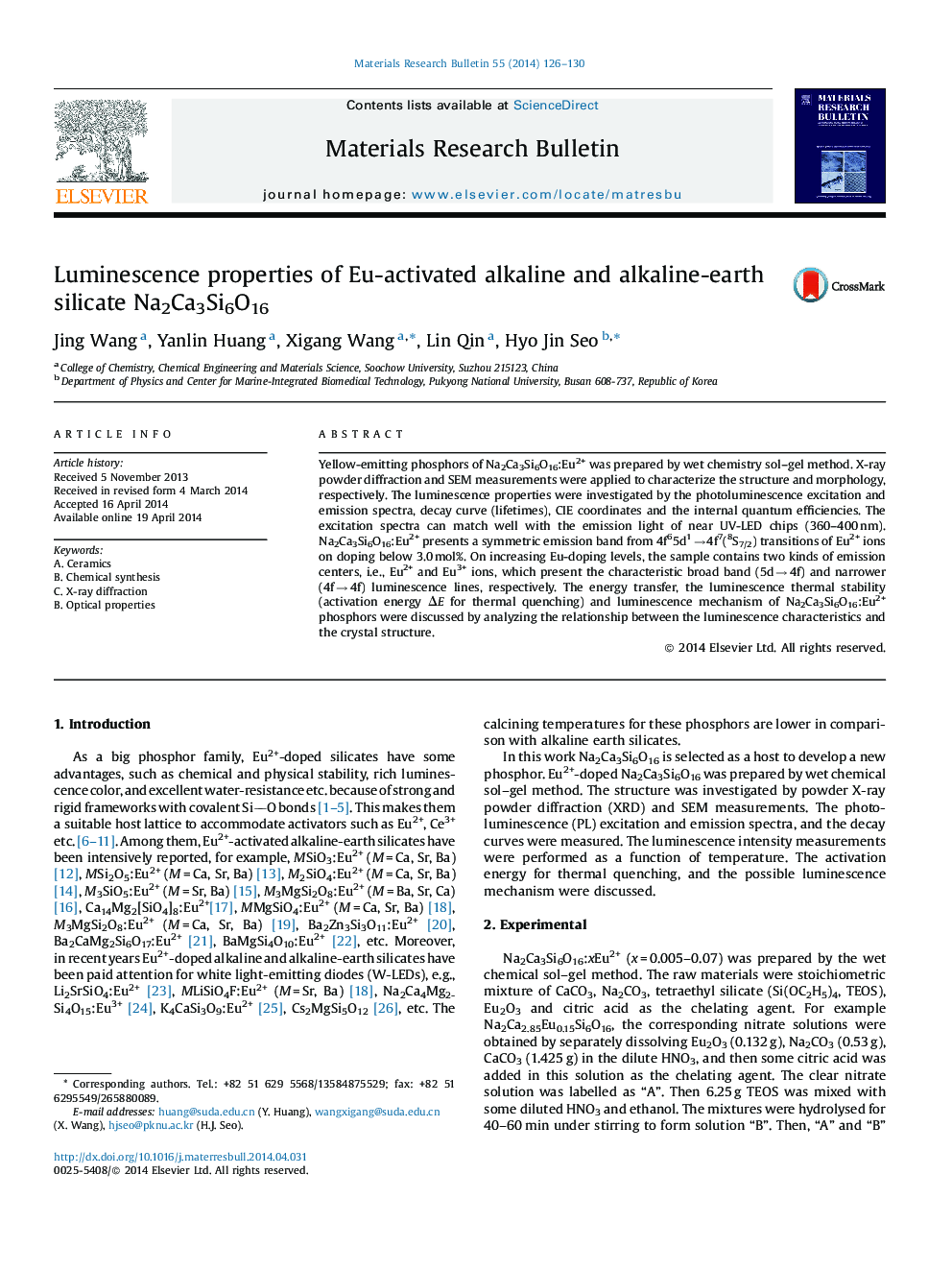 عکس صفحه اول مقاله: Luminescence properties of Eu-activated alkaline and alkaline-earth silicate Na2Ca3Si6O16 Luminescence properties of Eu-activated alkaline and alkaline-earth silicate Na2Ca3Si6O16