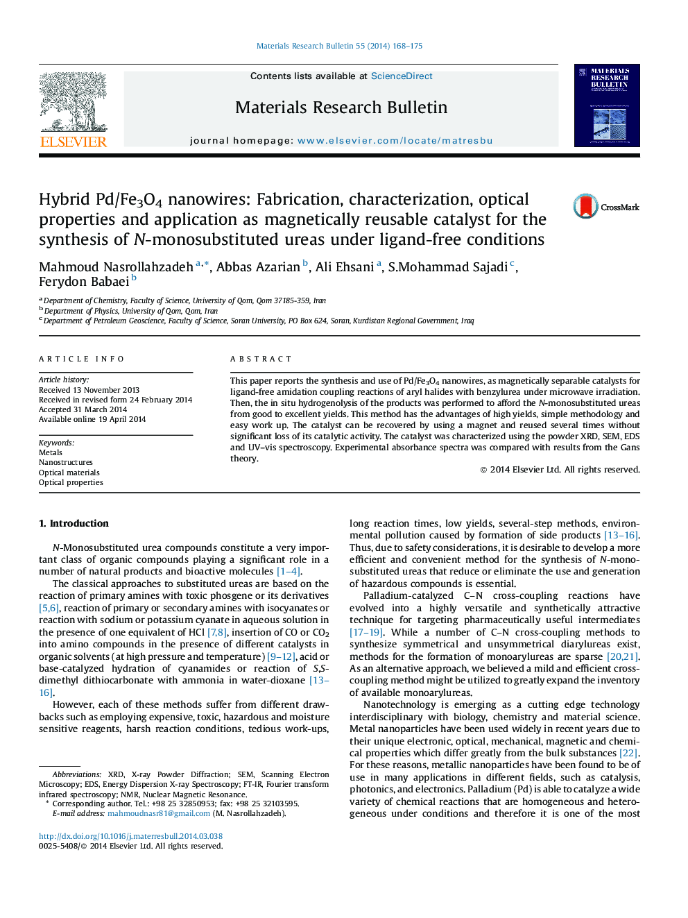 Hybrid Pd/Fe3O4 nanowires: Fabrication, characterization, optical properties and application as magnetically reusable catalyst for the synthesis of N-monosubstituted ureas under ligand-free conditions